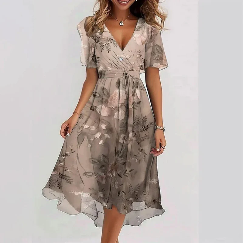 Robe Midi Femme Cache-Cœur à Fleurs – Style A-Line à Manches Courtes - Image 8