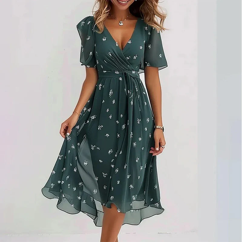 Robe Midi Femme Cache-Cœur à Fleurs – Style A-Line à Manches Courtes - Image 9