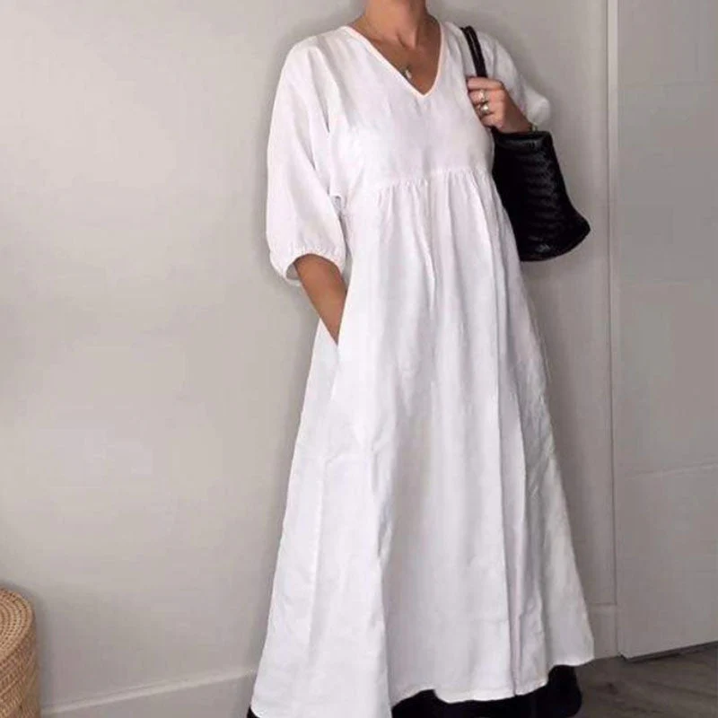 Robe midi femme col V confortable – Chic et fluide