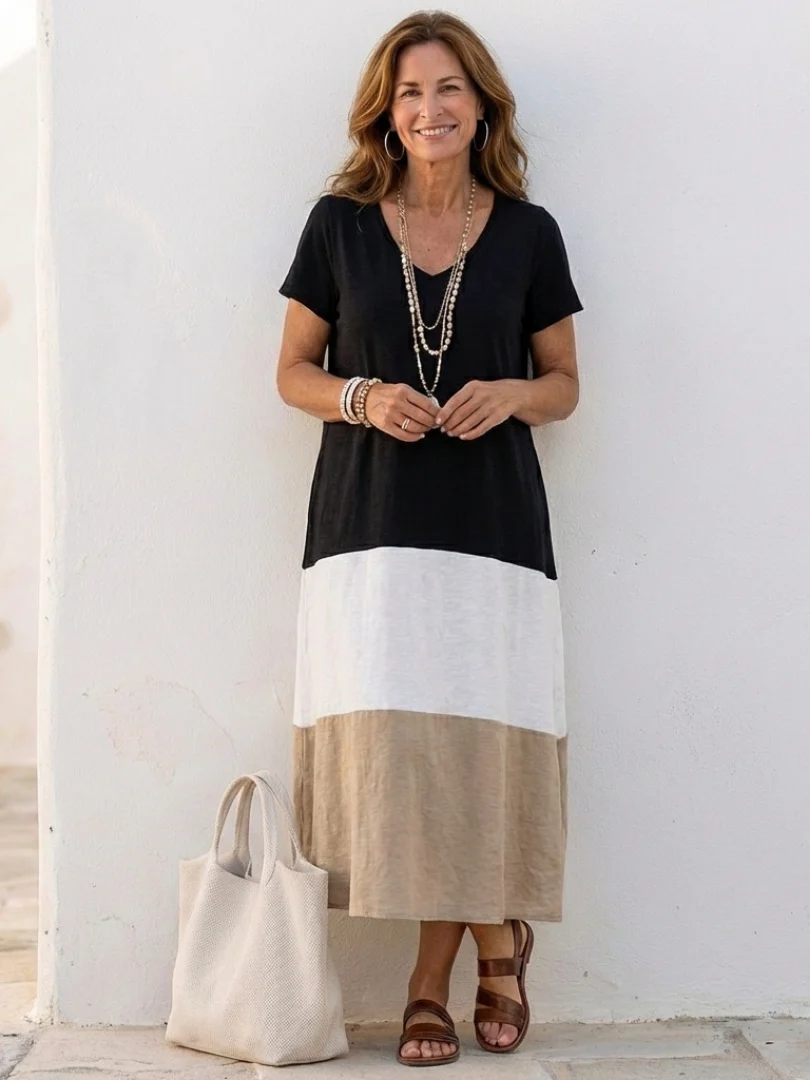 Robe midi femme color block à col V – Manches courtes et coupe fluide