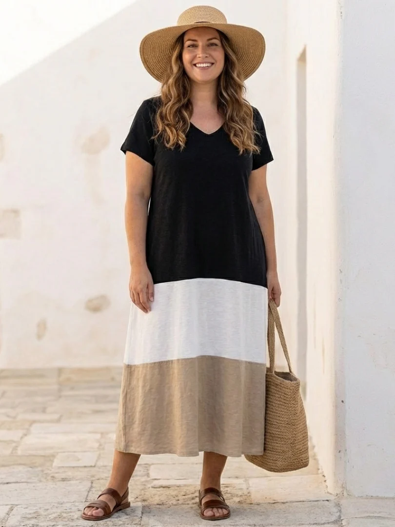 Robe midi femme color block à col V – Manches courtes et coupe fluide - Image 2