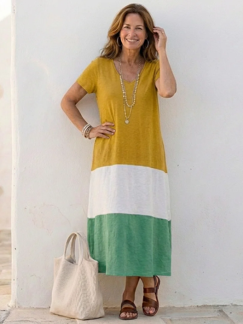 Robe midi femme color block à col V – Manches courtes et coupe fluide - Image 5