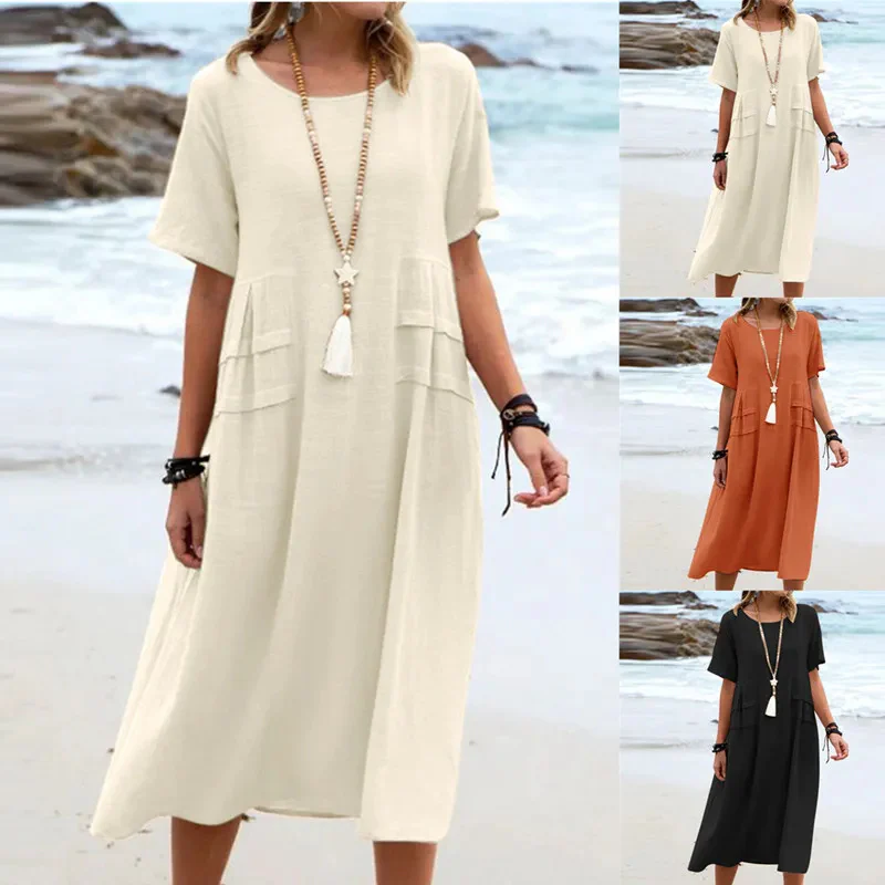 Robe midi femme coton lin manches courtes - Respirante et decontractee