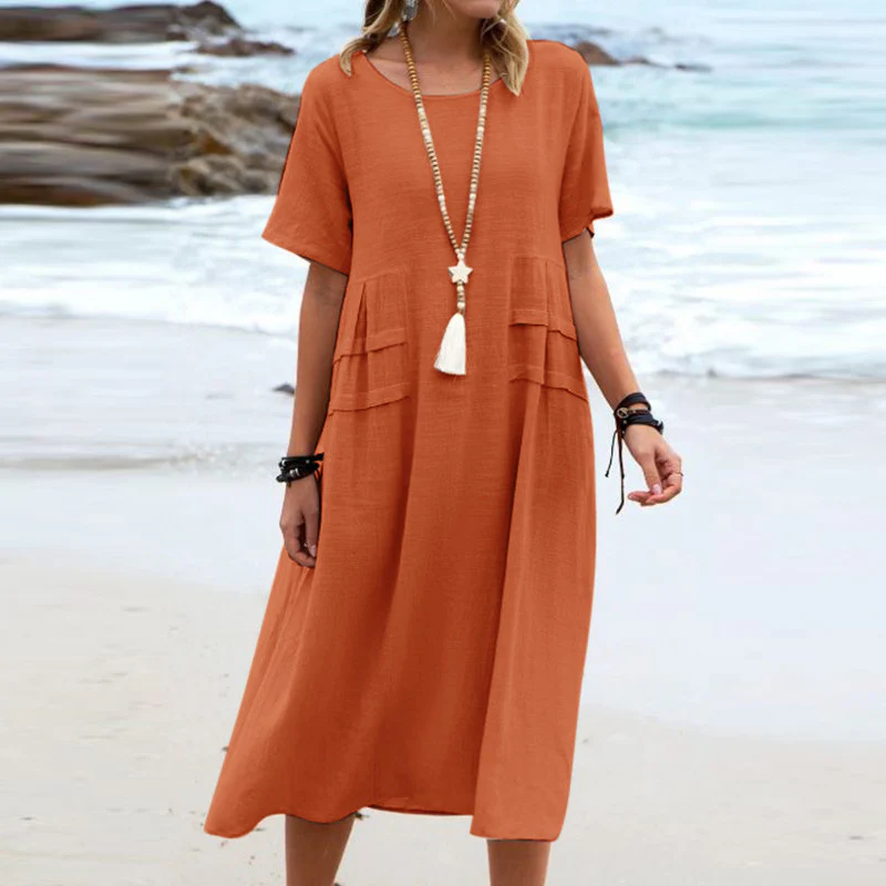 Robe midi femme coton lin manches courtes - Respirante et decontractee - Image 2