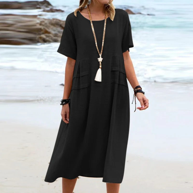 Robe midi femme coton lin manches courtes - Respirante et decontractee - Image 5