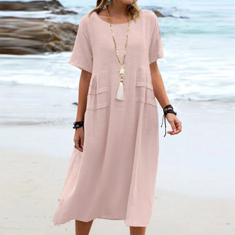 Robe midi femme coton lin manches courtes - Respirante et decontractee - Image 6