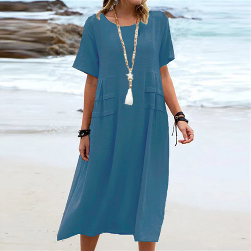 Robe midi femme coton lin manches courtes - Respirante et decontractee - Image 7