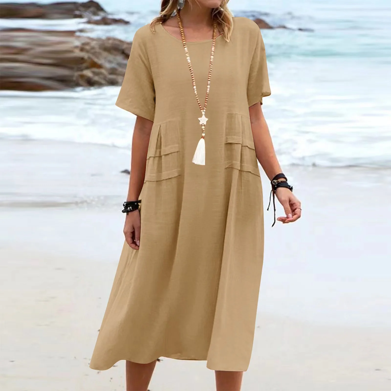 Robe midi femme coton lin manches courtes - Respirante et decontractee - Image 8