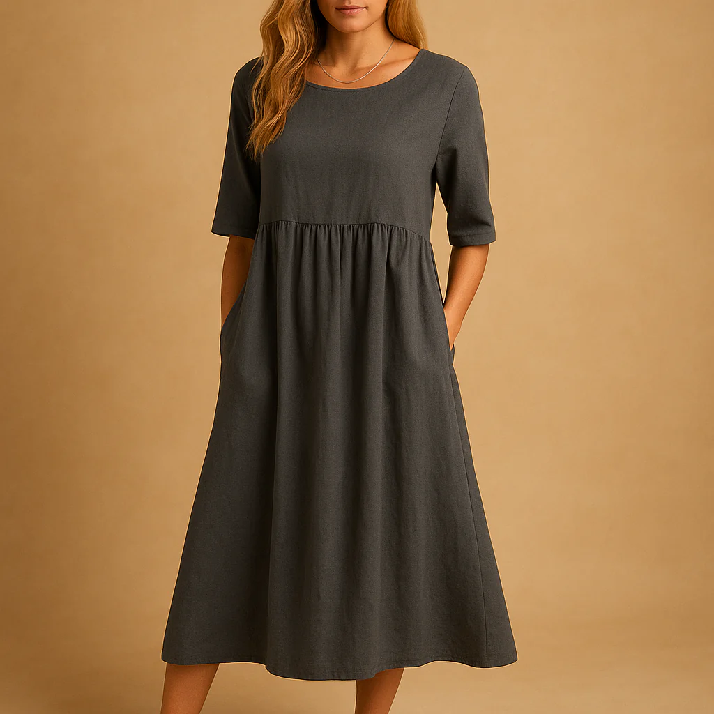 Robe Midi Femme Coupe Ample en Coton avec Poches – Style Décontracté Col Rond - Image 2