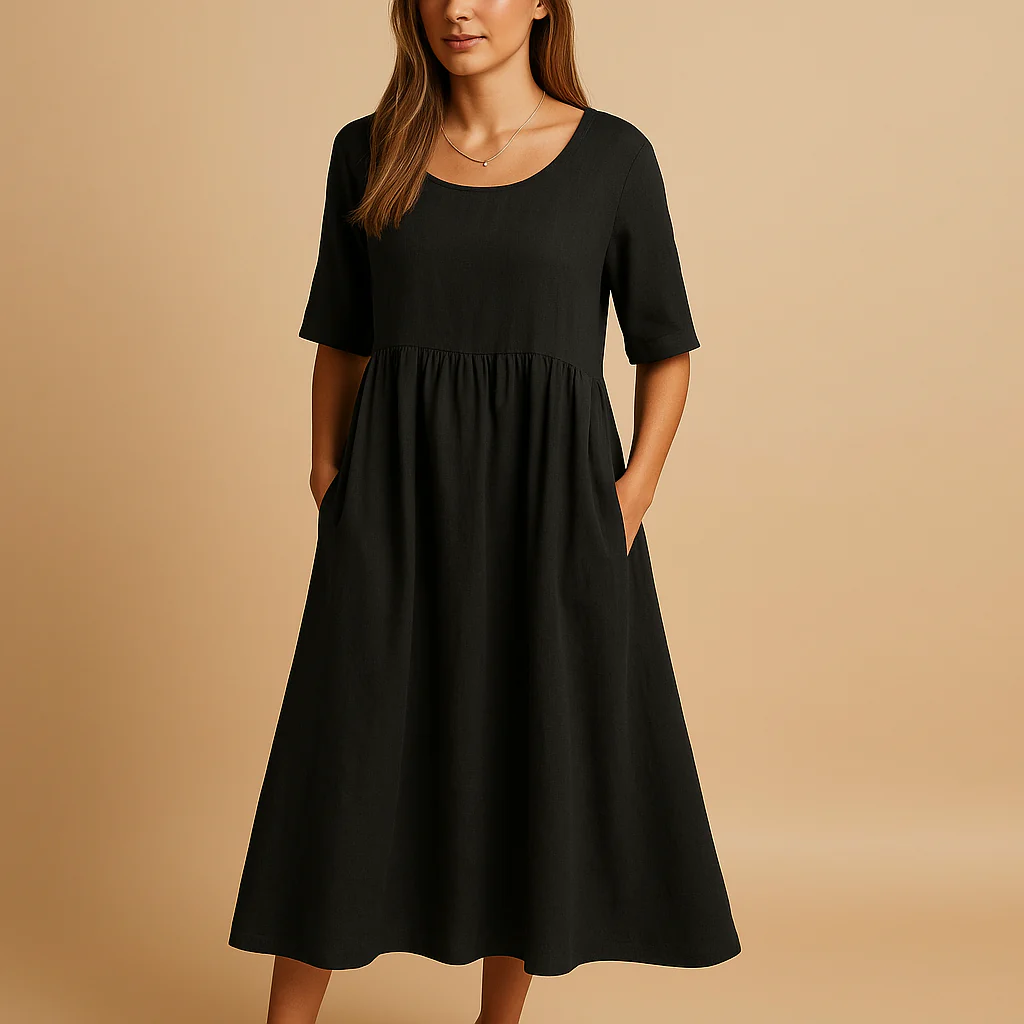 Robe Midi Femme Coupe Ample en Coton avec Poches – Style Décontracté Col Rond - Image 3