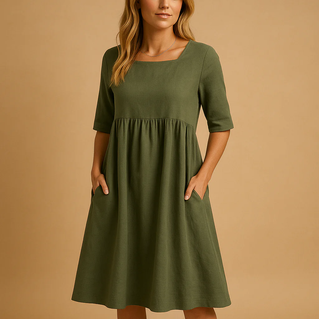 Robe Midi Femme Coupe Ample en Coton avec Poches – Style Décontracté Col Rond - Image 4