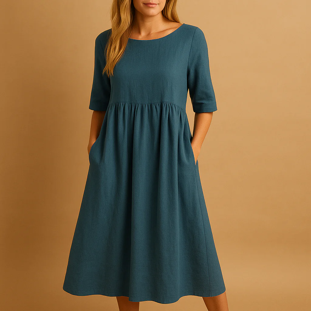 Robe Midi Femme Coupe Ample en Coton avec Poches – Style Décontracté Col Rond - Image 6