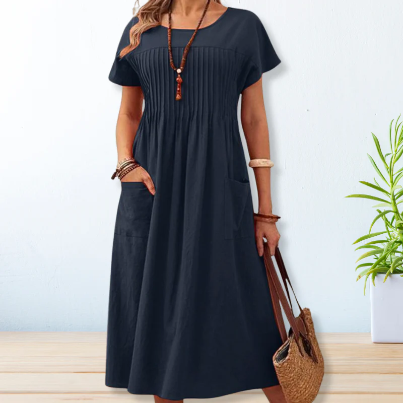 Robe Midi Femme Décontractée à Col Rond – Manches Courtes, Coupe Ample avec Poches - Image 2