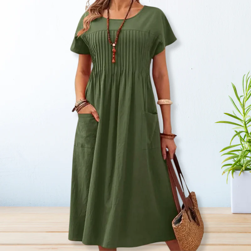 Robe Midi Femme Décontractée à Col Rond – Manches Courtes, Coupe Ample avec Poches - Image 3