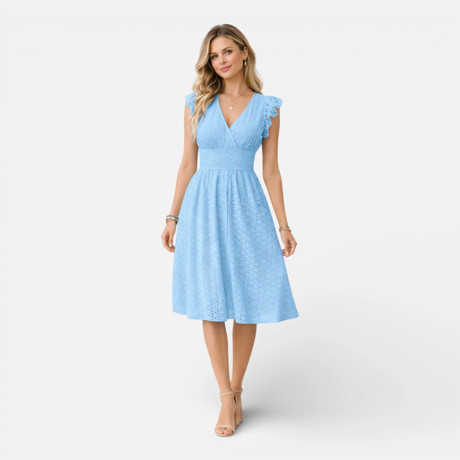 Robe Midi Femme en Dentelle Brodée – Style Élégant Col V Été - Image 10