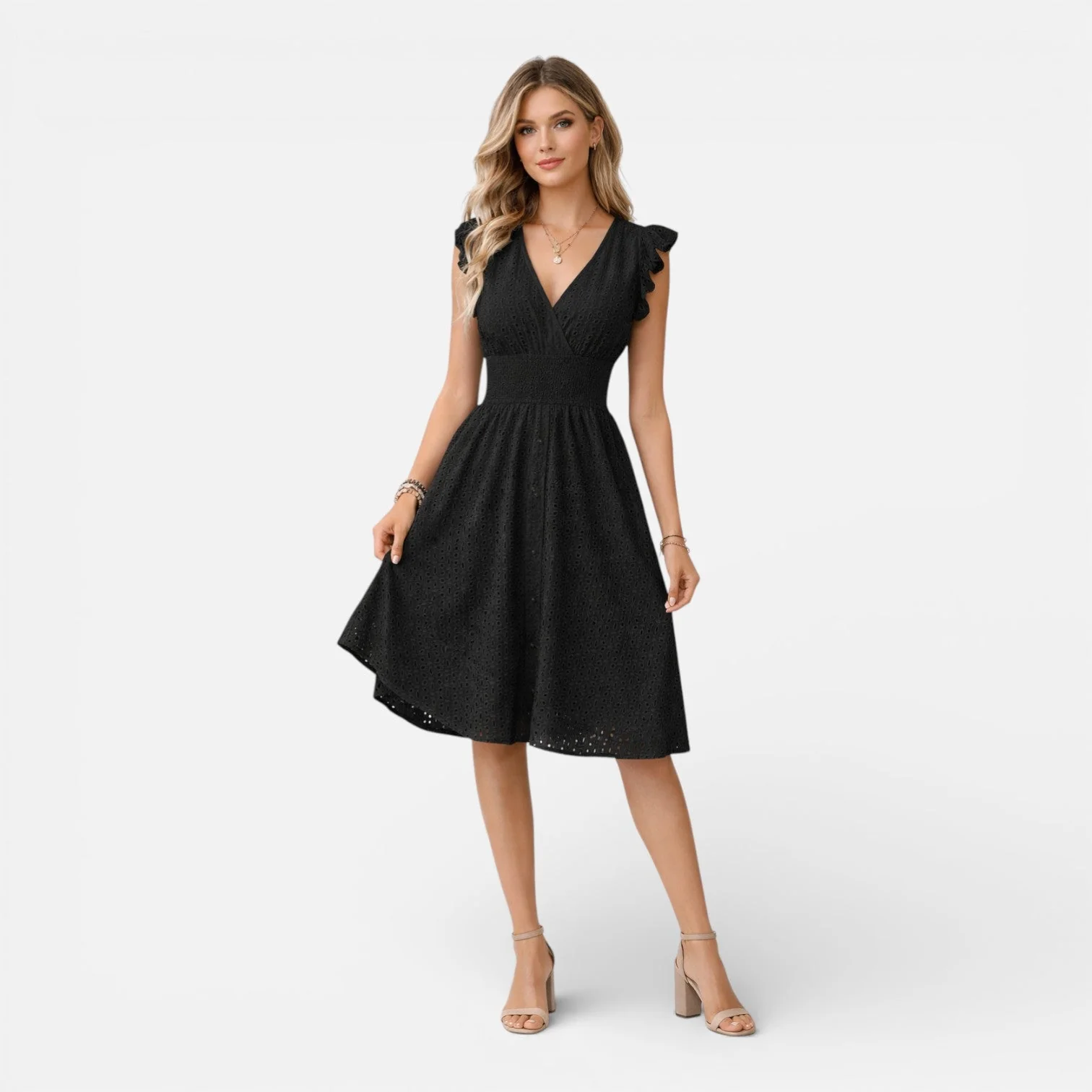 Robe Midi Femme en Dentelle Brodée – Style Élégant Col V Été - Image 6