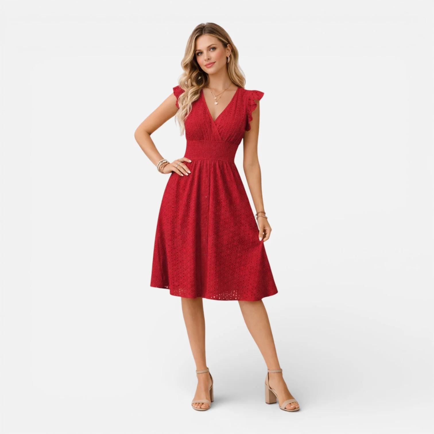 Robe Midi Femme en Dentelle Brodée – Style Élégant Col V Été - Image 8