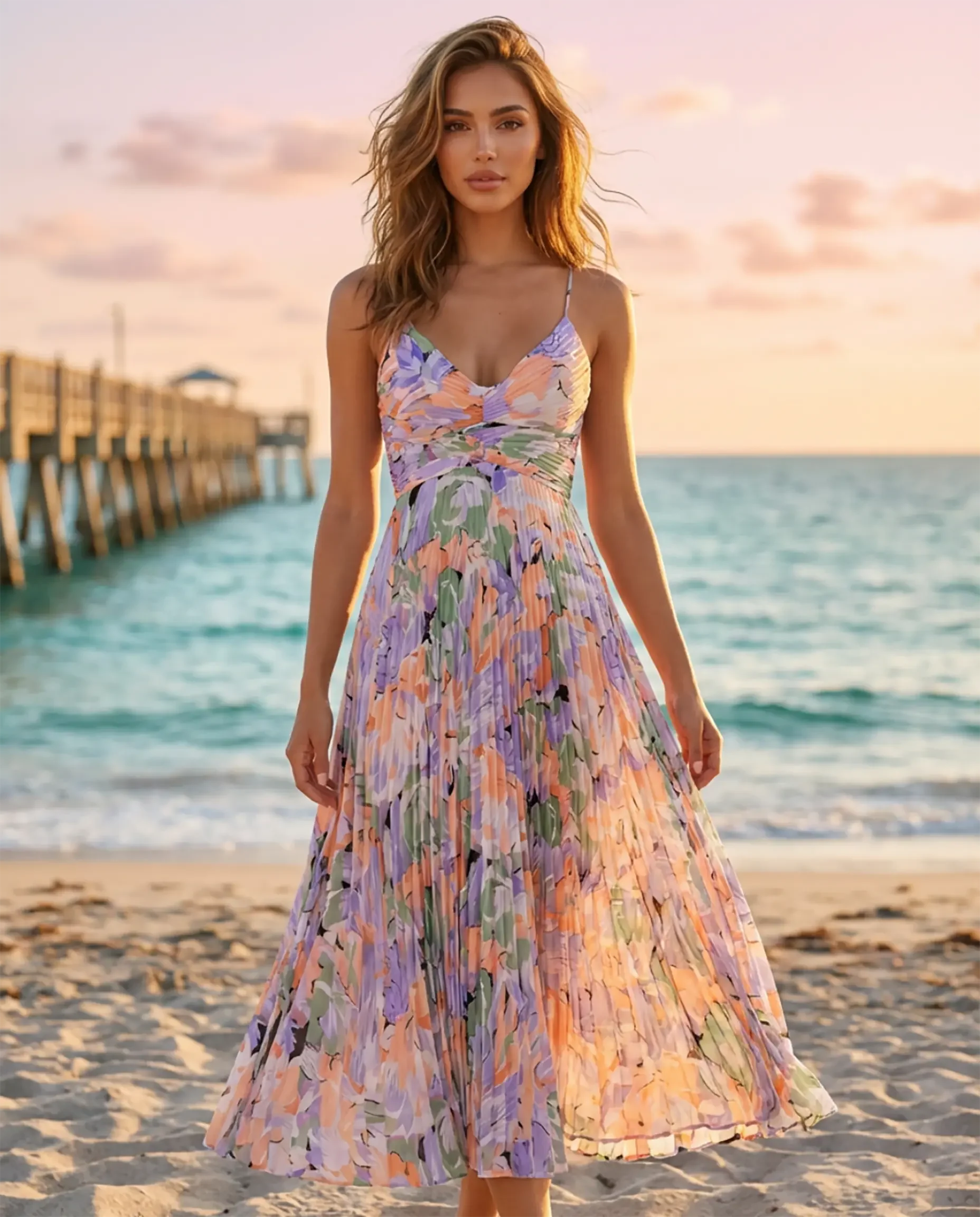 Robe midi femme fleurie col V plissee - Elegante et legere - Image 6
