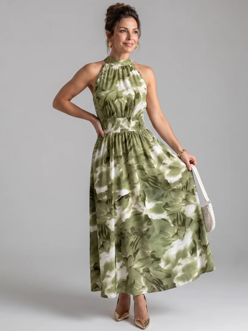 Robe midi femme imprime abstrait et taille froncee - Fluide et elegante