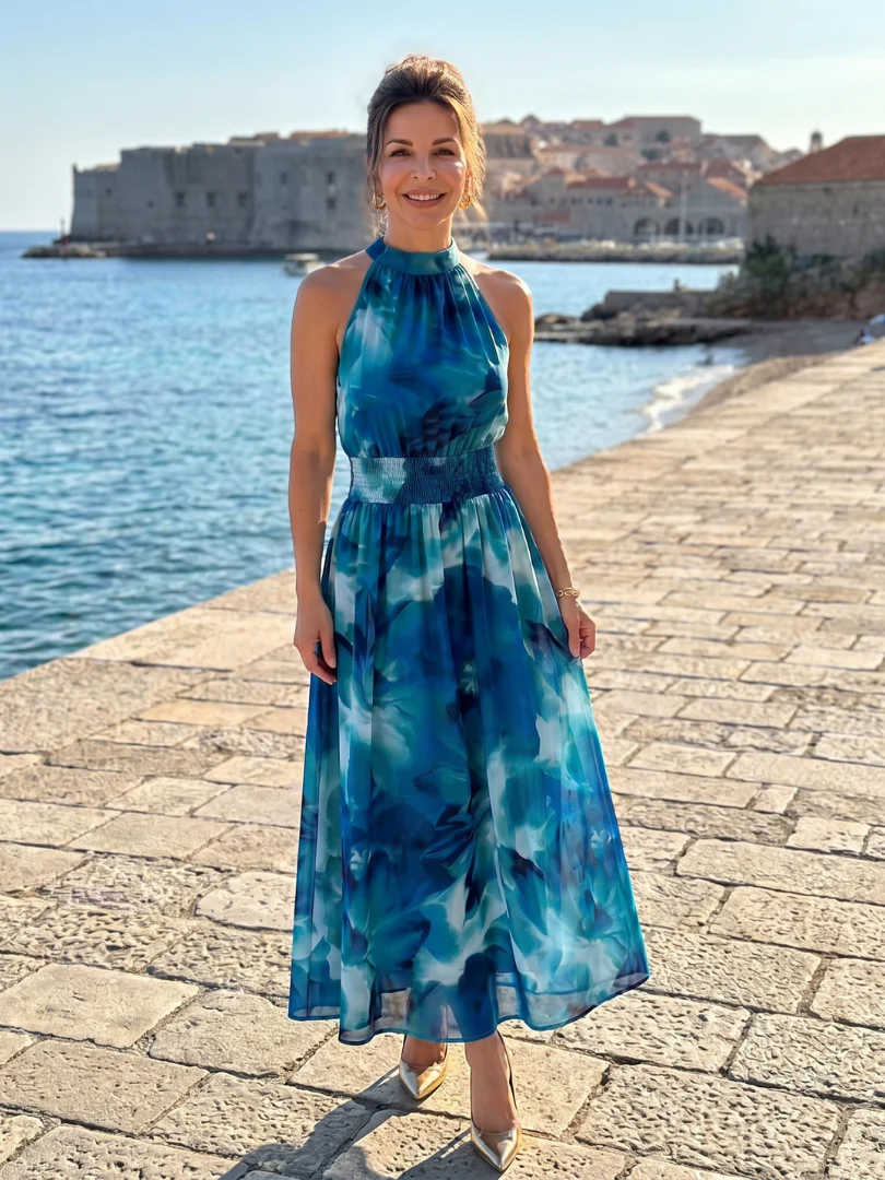 Robe midi femme imprime abstrait et taille froncee - Fluide et elegante - Image 8