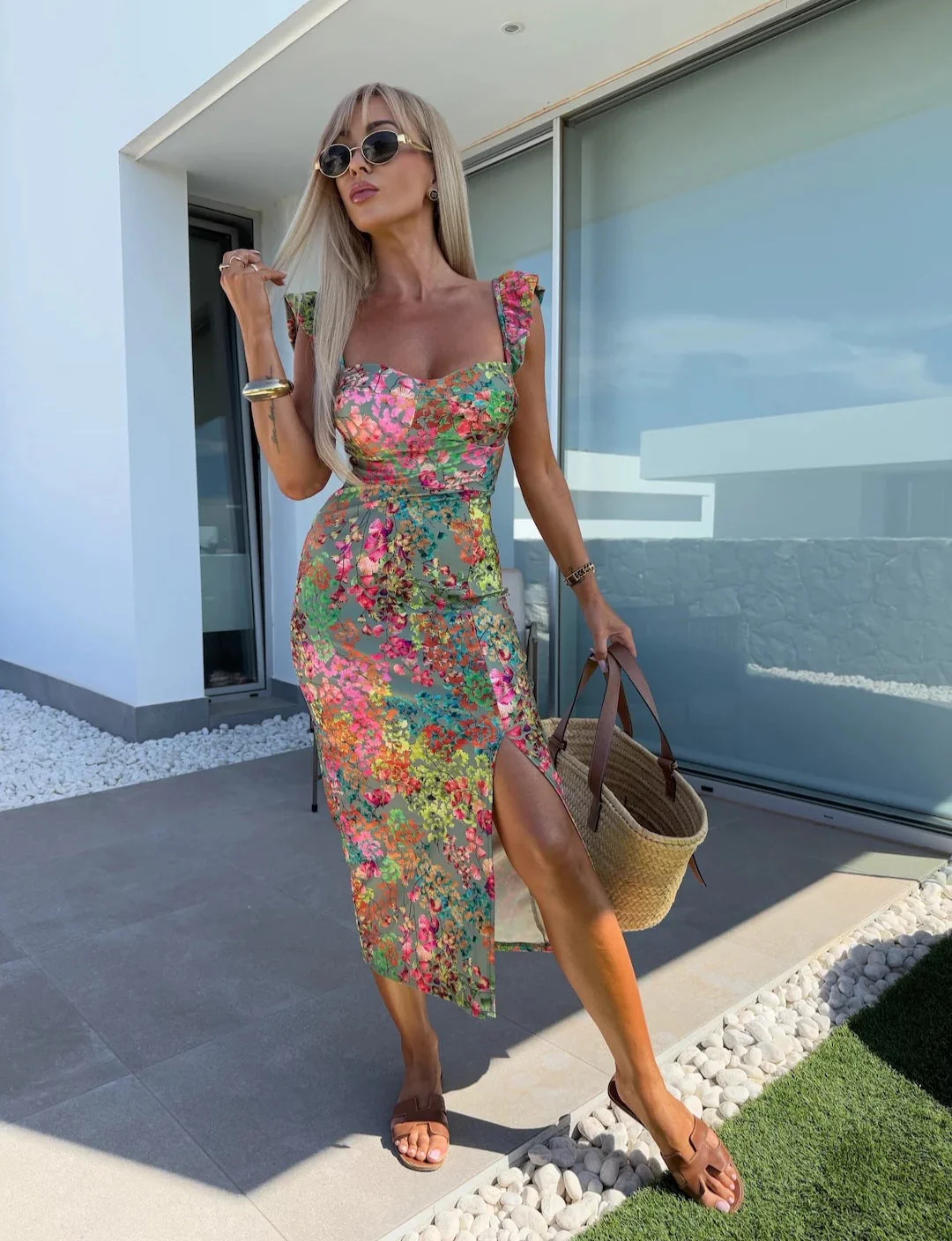 Robe Midi Femme Imprimée – Décolleté Cœur avec Bretelles à Volants et Fente Latérale