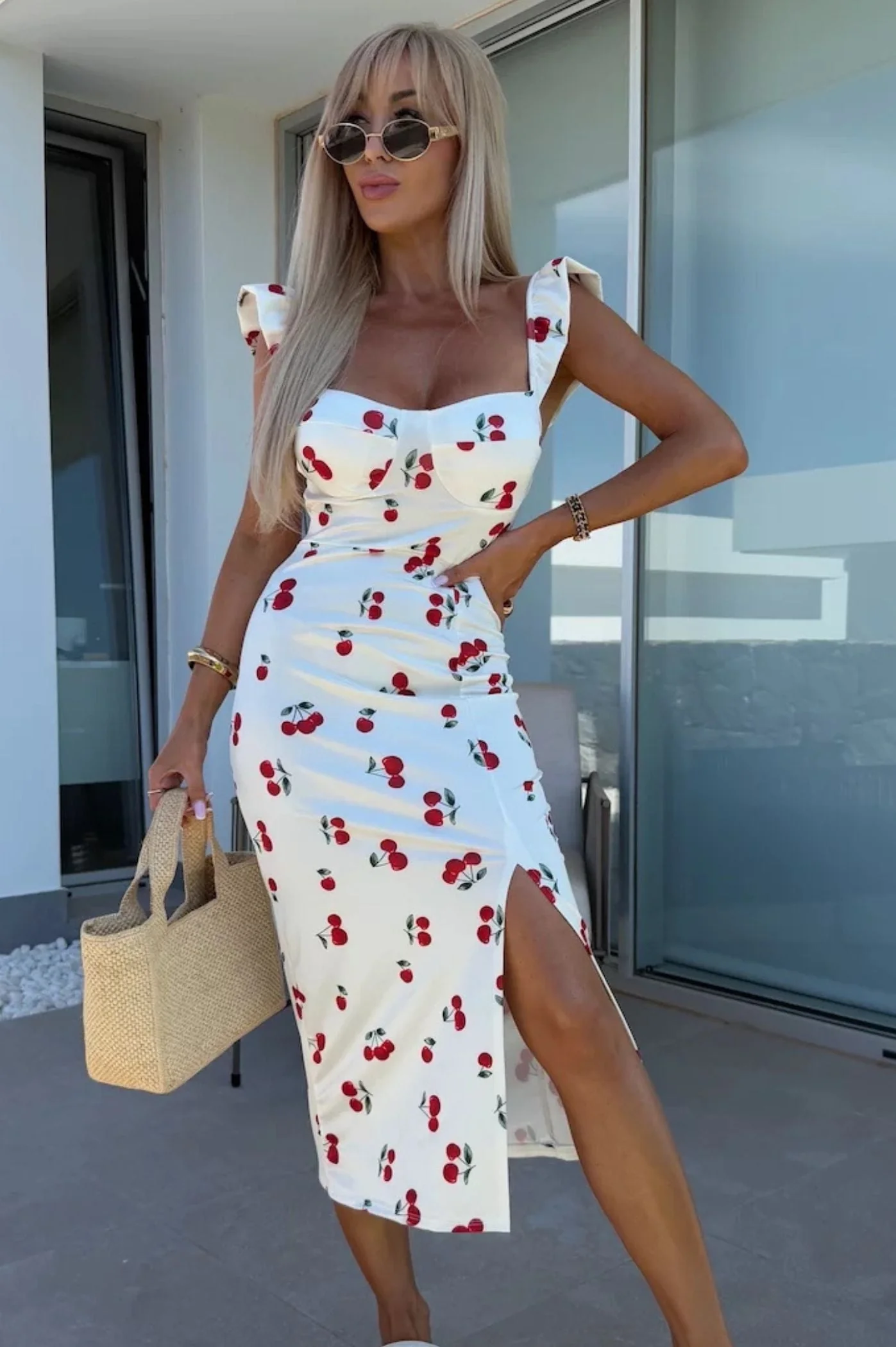 Robe Midi Femme Imprimée – Décolleté Cœur avec Bretelles à Volants et Fente Latérale - Image 3