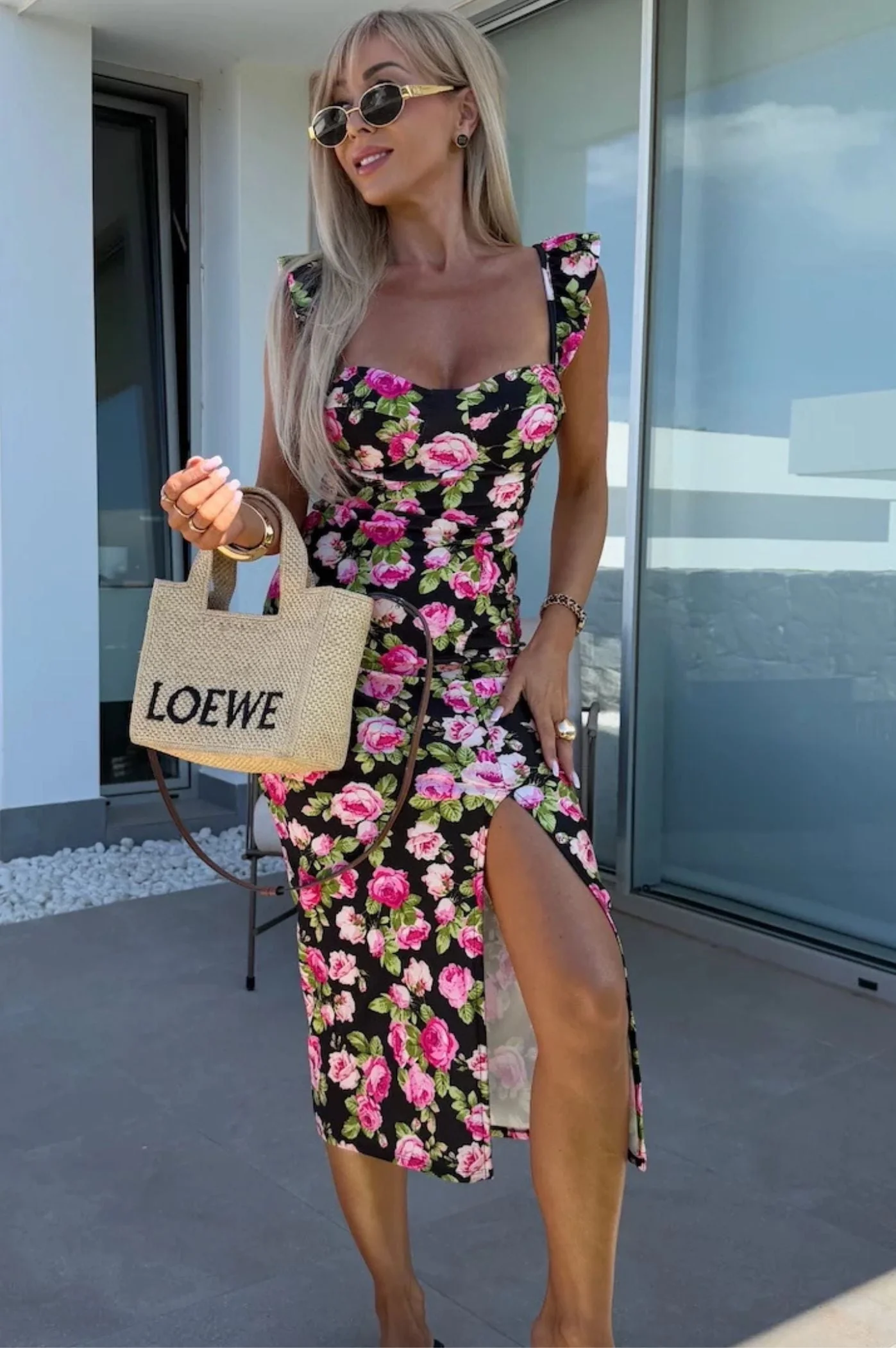 Robe Midi Femme Imprimée – Décolleté Cœur avec Bretelles à Volants et Fente Latérale - Image 5
