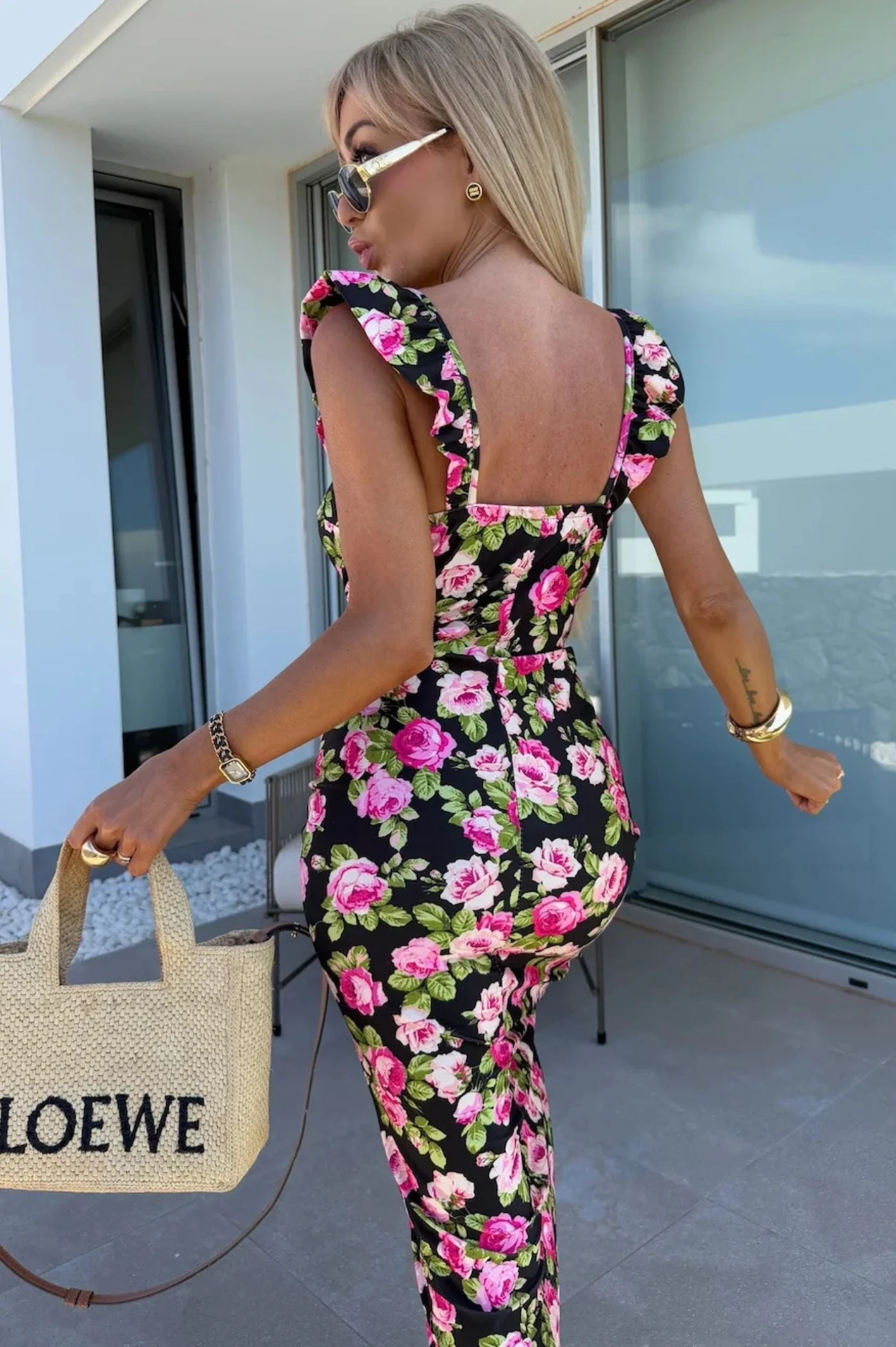 Robe Midi Femme Imprimée – Décolleté Cœur avec Bretelles à Volants et Fente Latérale - Image 9