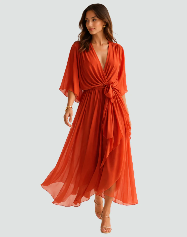 Robe midi femme portefeuille a nouer - Fluide et elegante