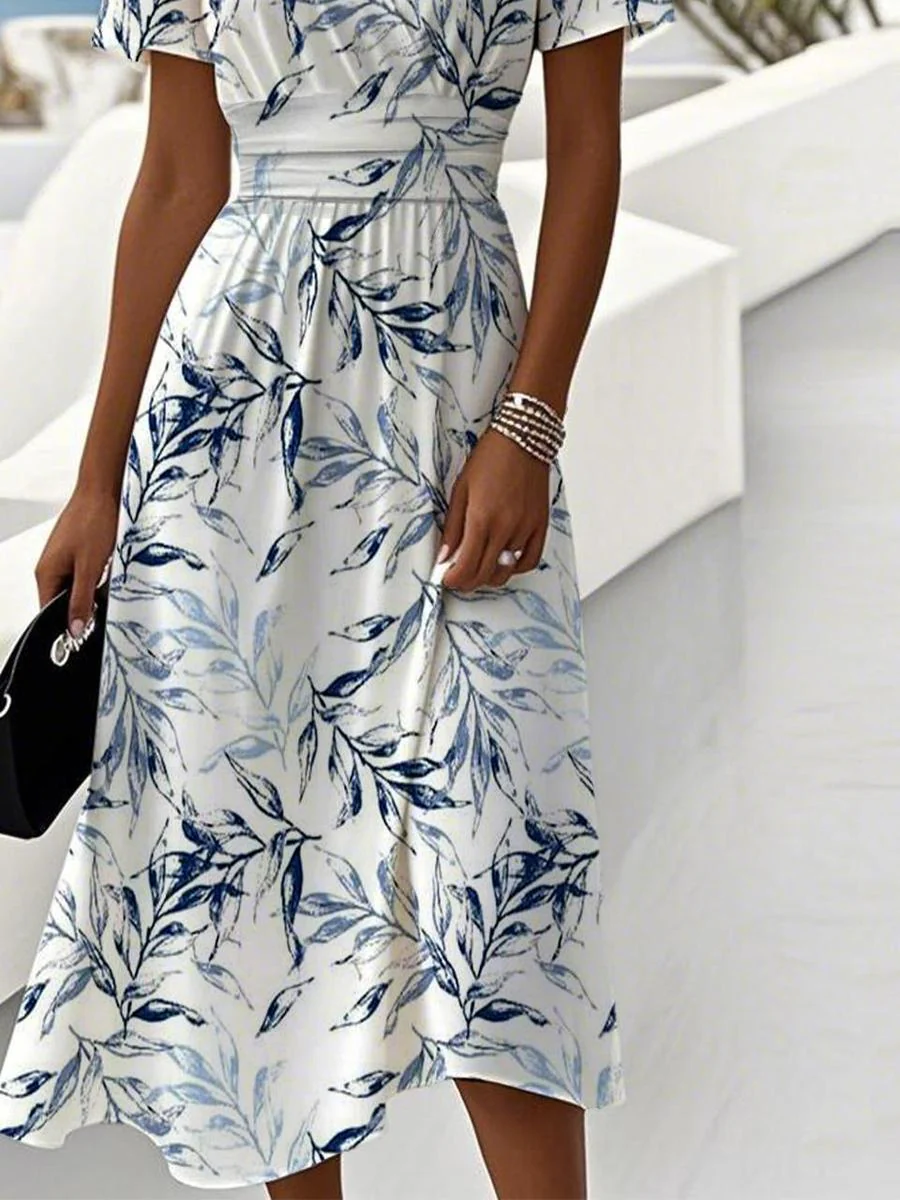 Robe Midi Fleurie Élégante Femme Col V – Silhouette Évasée à Manches Courtes - Image 3