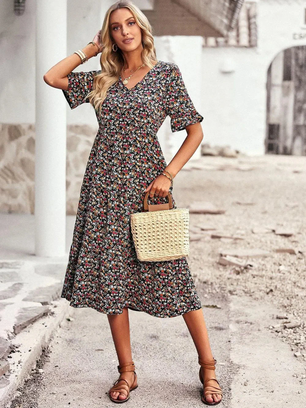 Robe Midi Fleurie Femme à Col V – Robe d’Été Légère à Manches Courtes - Image 4