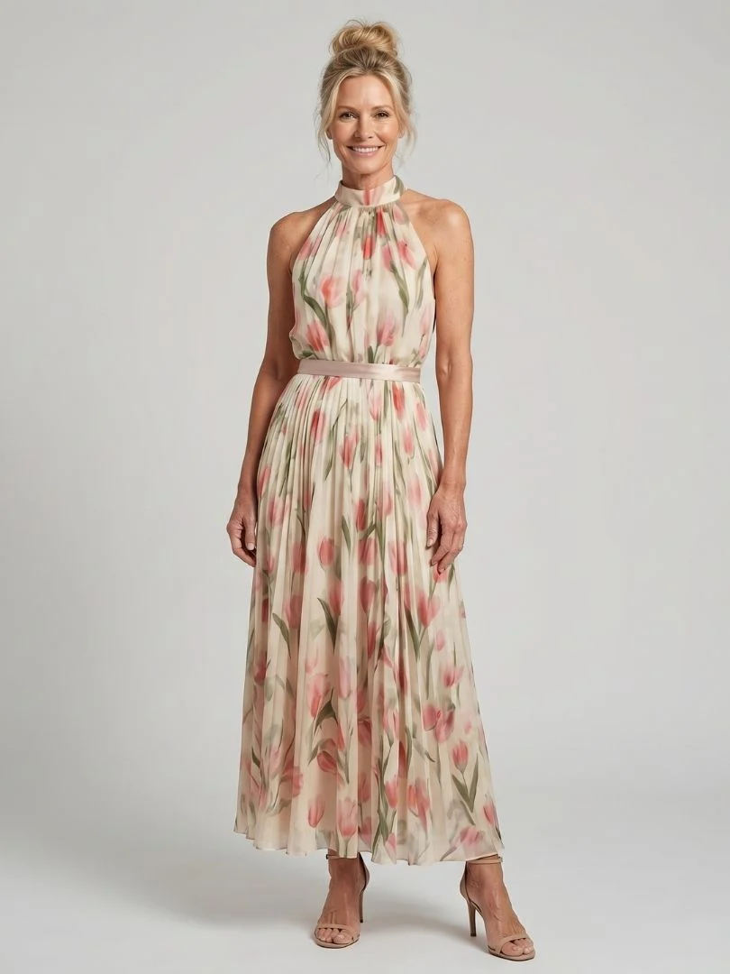 Robe midi fleurie femme col halter - Elegante et estivale