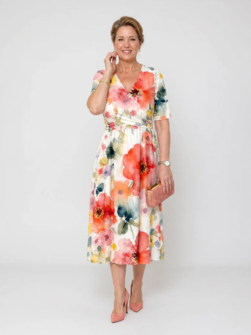 Robe midi fleurie femme col V manches courtes - Legere et flatteuse - Image 2