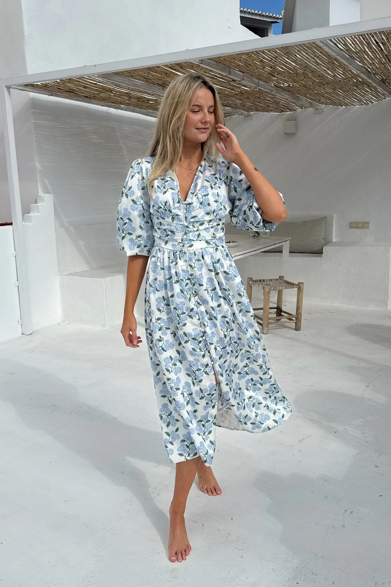 Robe midi fleurie femme – Imprimé hortensia, manches longues et boutons - Image 3