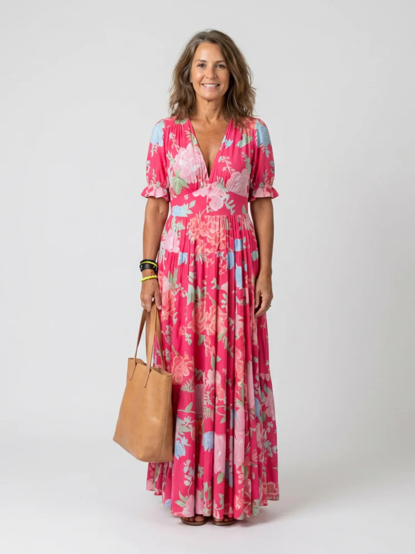 Robe midi fleurie femme manches courtes et col V - Legere et feminine