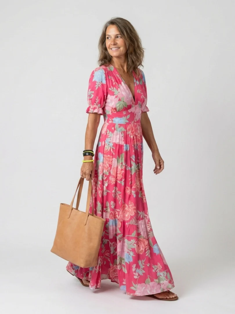 Robe midi fleurie femme manches courtes et col V - Legere et feminine - Image 2