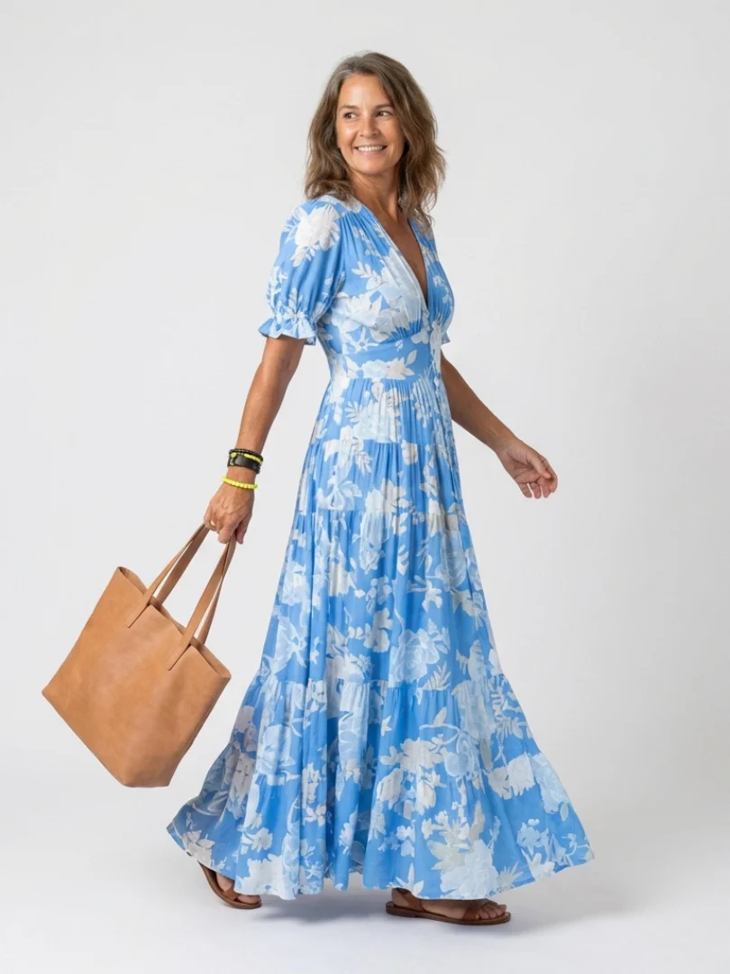 Robe midi fleurie femme manches courtes et col V - Legere et feminine - Image 4