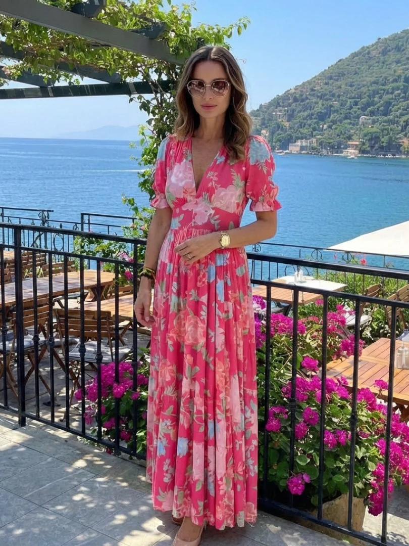 Robe midi fleurie femme manches courtes et col V - Legere et feminine - Image 6