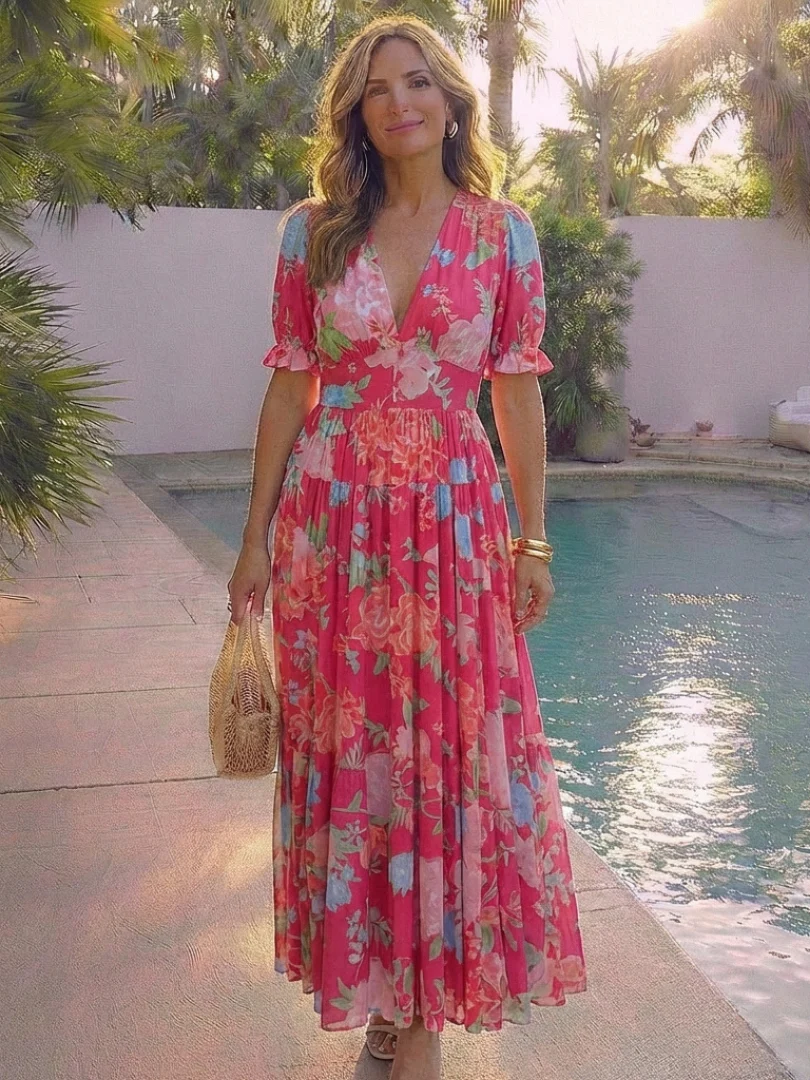 Robe midi fleurie femme manches courtes et col V - Legere et feminine - Image 7