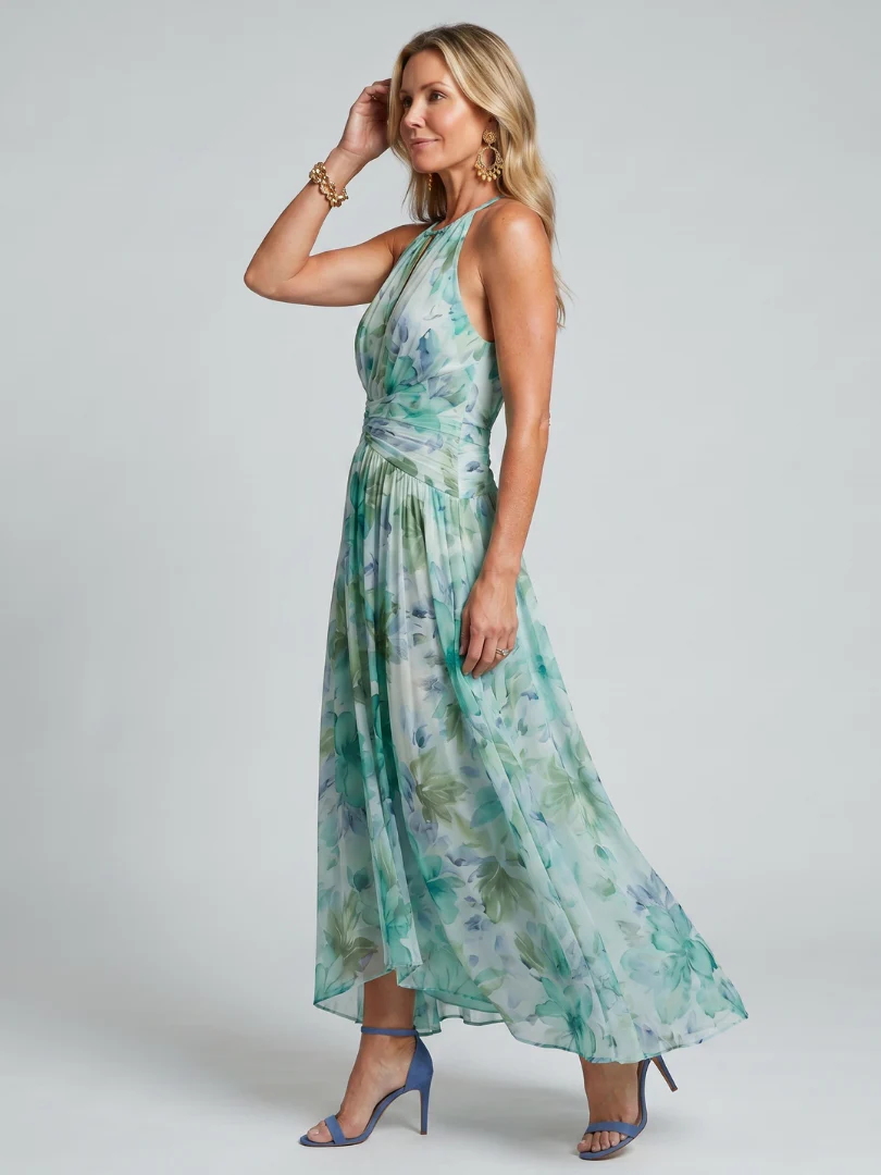 Robe midi fleurie femme plissee col halter - Raffinee et legere - Image 2