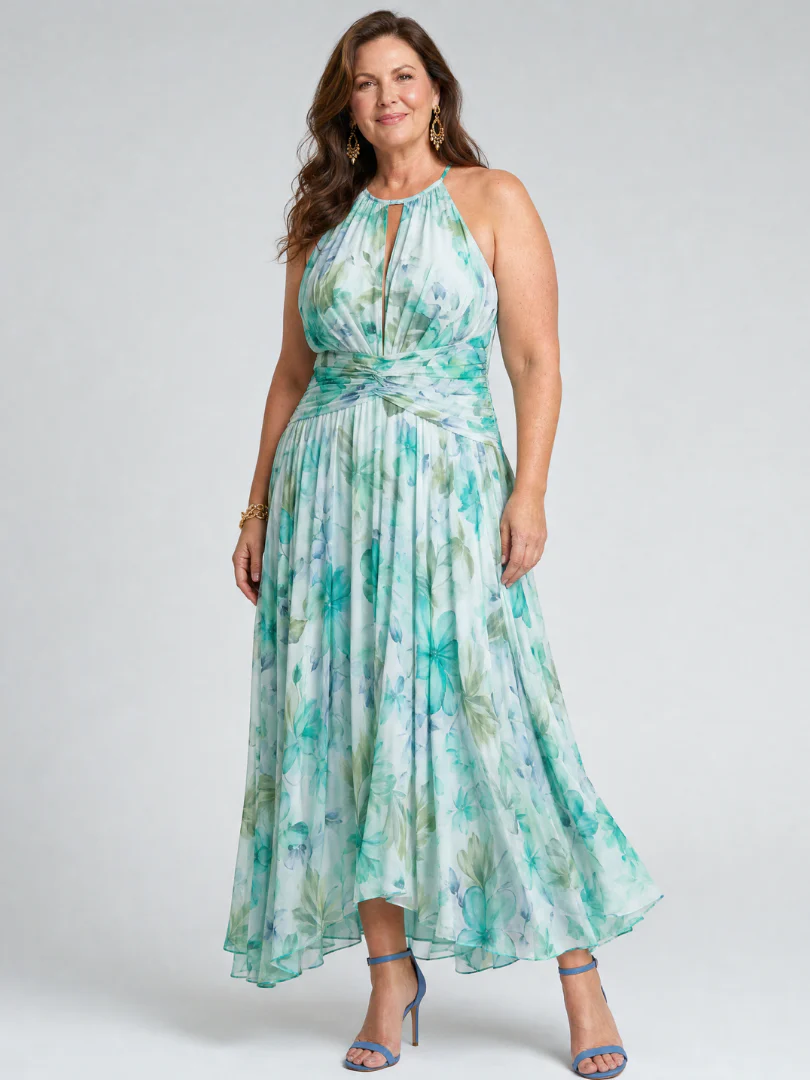 Robe midi fleurie femme plissee col halter - Raffinee et legere - Image 7