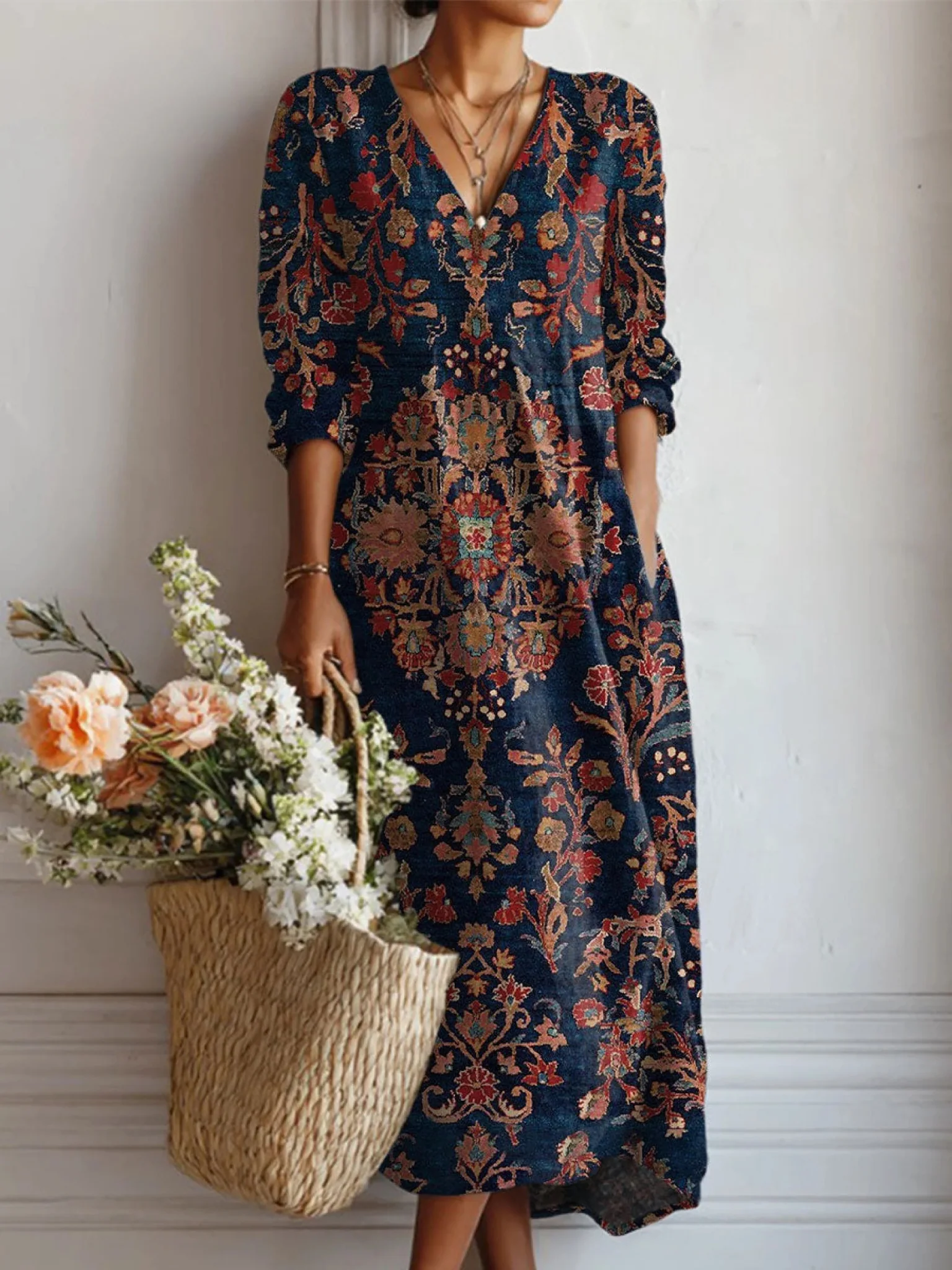 Robe Midi Florale Vintage Femme – Confort Décontracté à Col V