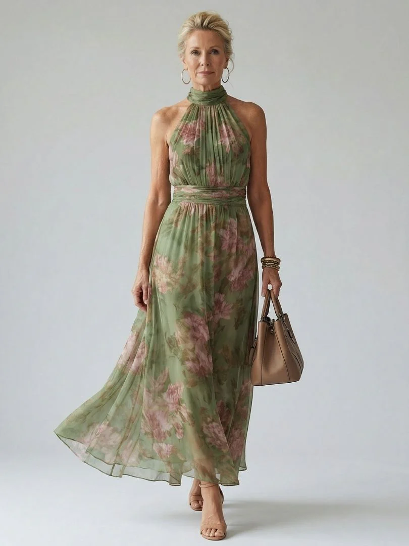 Robe midi froncee femme col halter - Elegante et feminine