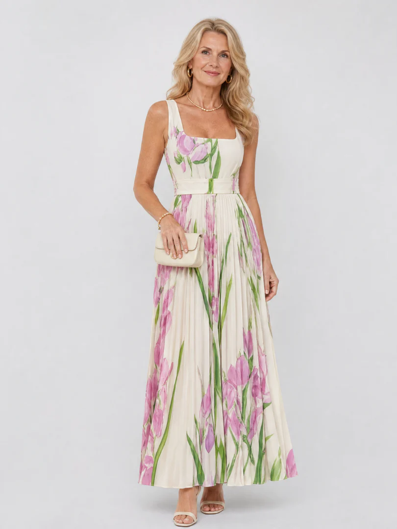 Robe midi plissee femme sans manches col carre - Elegante et estivale