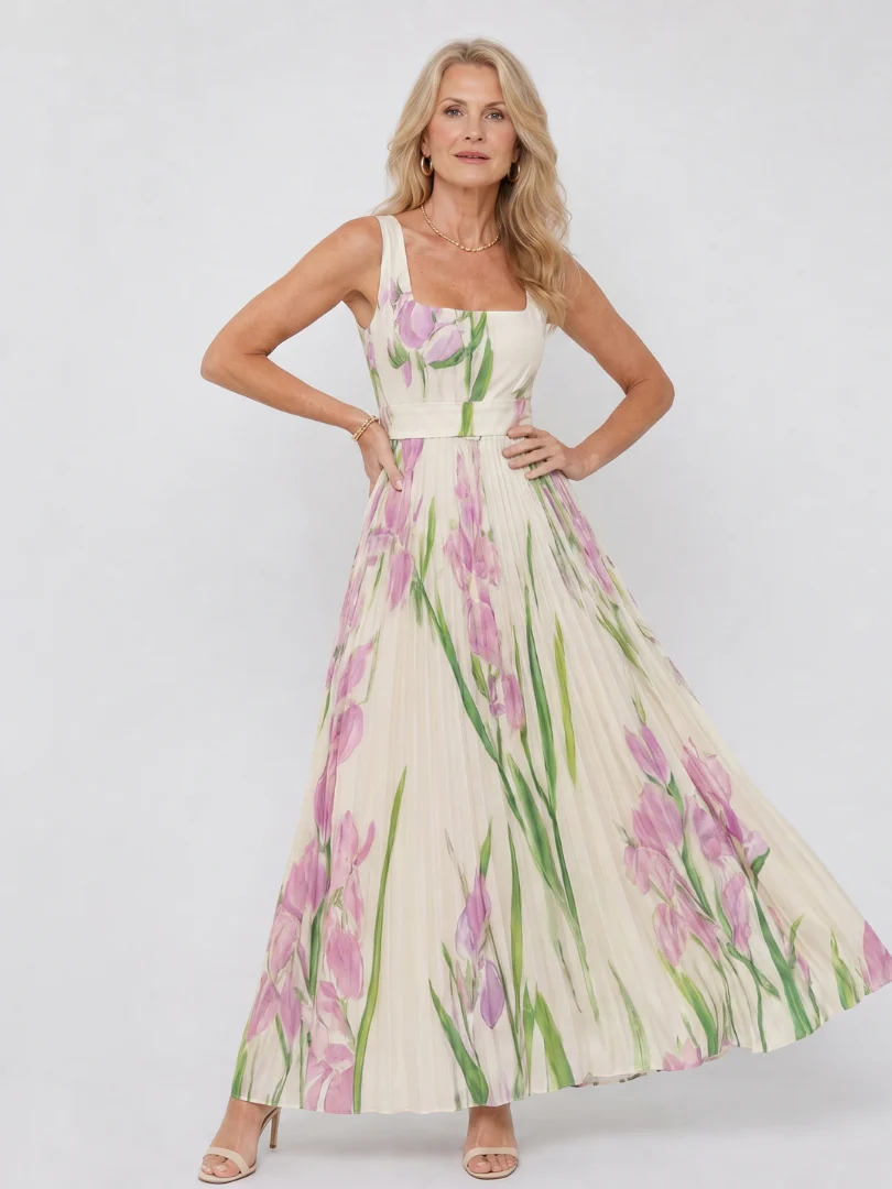 Robe midi plissee femme sans manches col carre - Elegante et estivale - Image 3