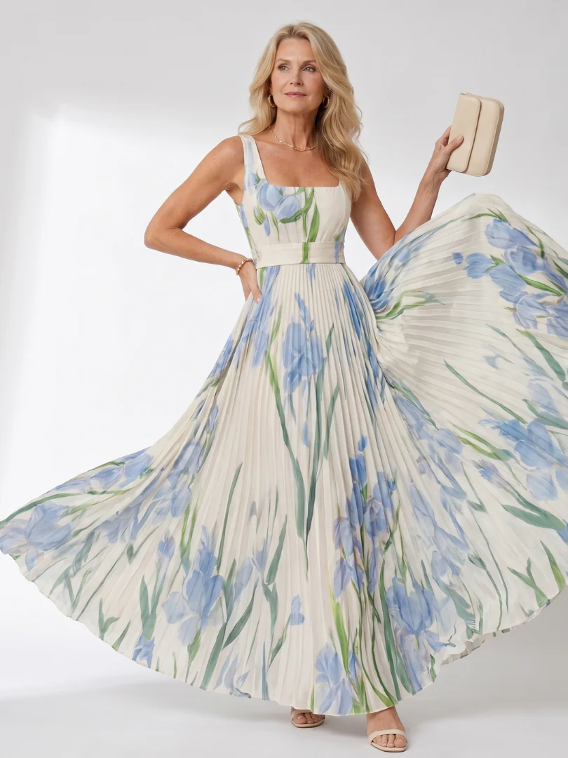 Robe midi plissee femme sans manches col carre - Elegante et estivale - Image 6