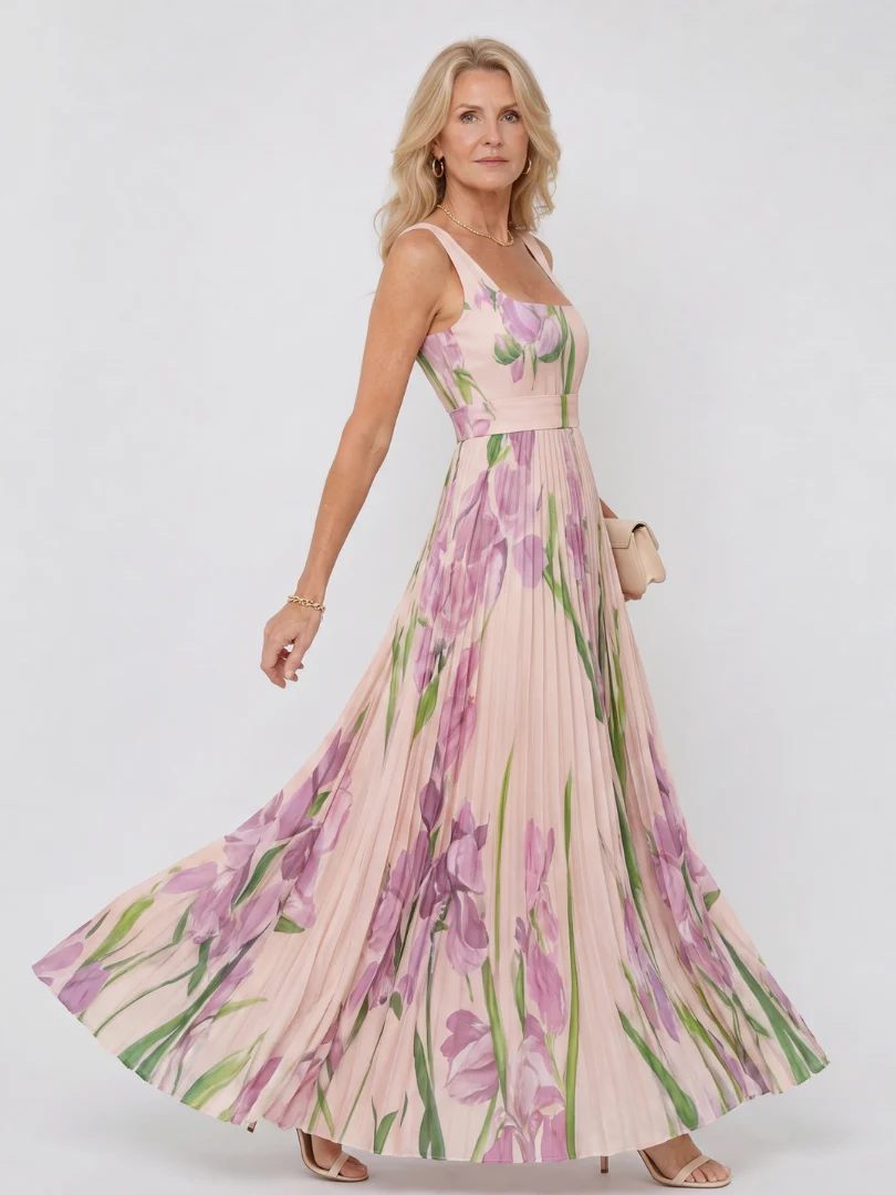 Robe midi plissee femme sans manches col carre - Elegante et estivale - Image 7