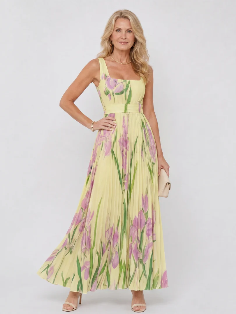 Robe midi plissee femme sans manches col carre - Elegante et estivale - Image 8