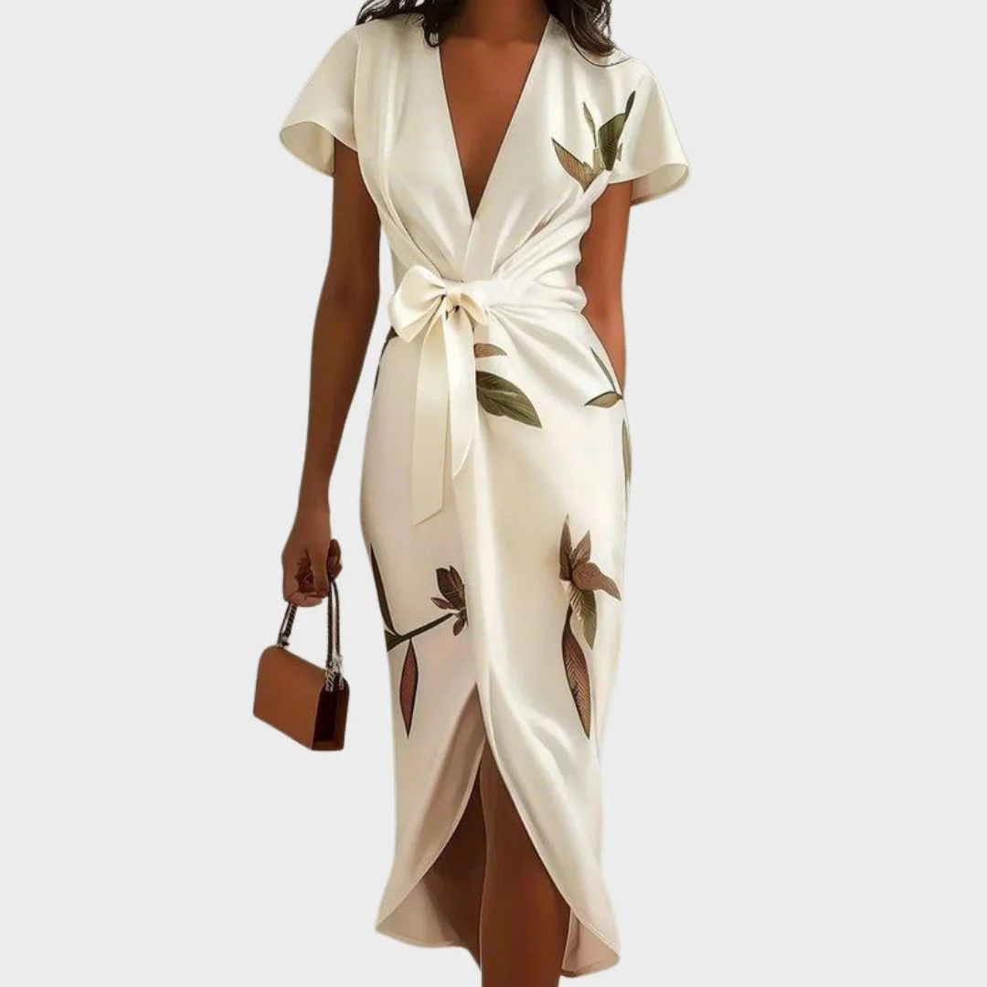 Robe Midi Portefeuille Élégante en Satin Femme – Imprimé Floral Manches Courtes