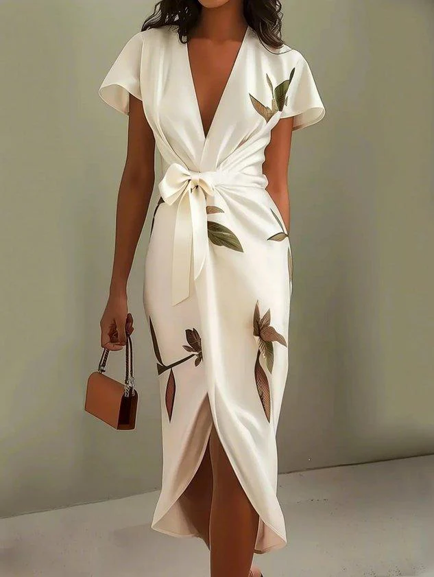 Robe Midi Portefeuille Élégante en Satin Femme – Imprimé Floral Manches Courtes - Image 3